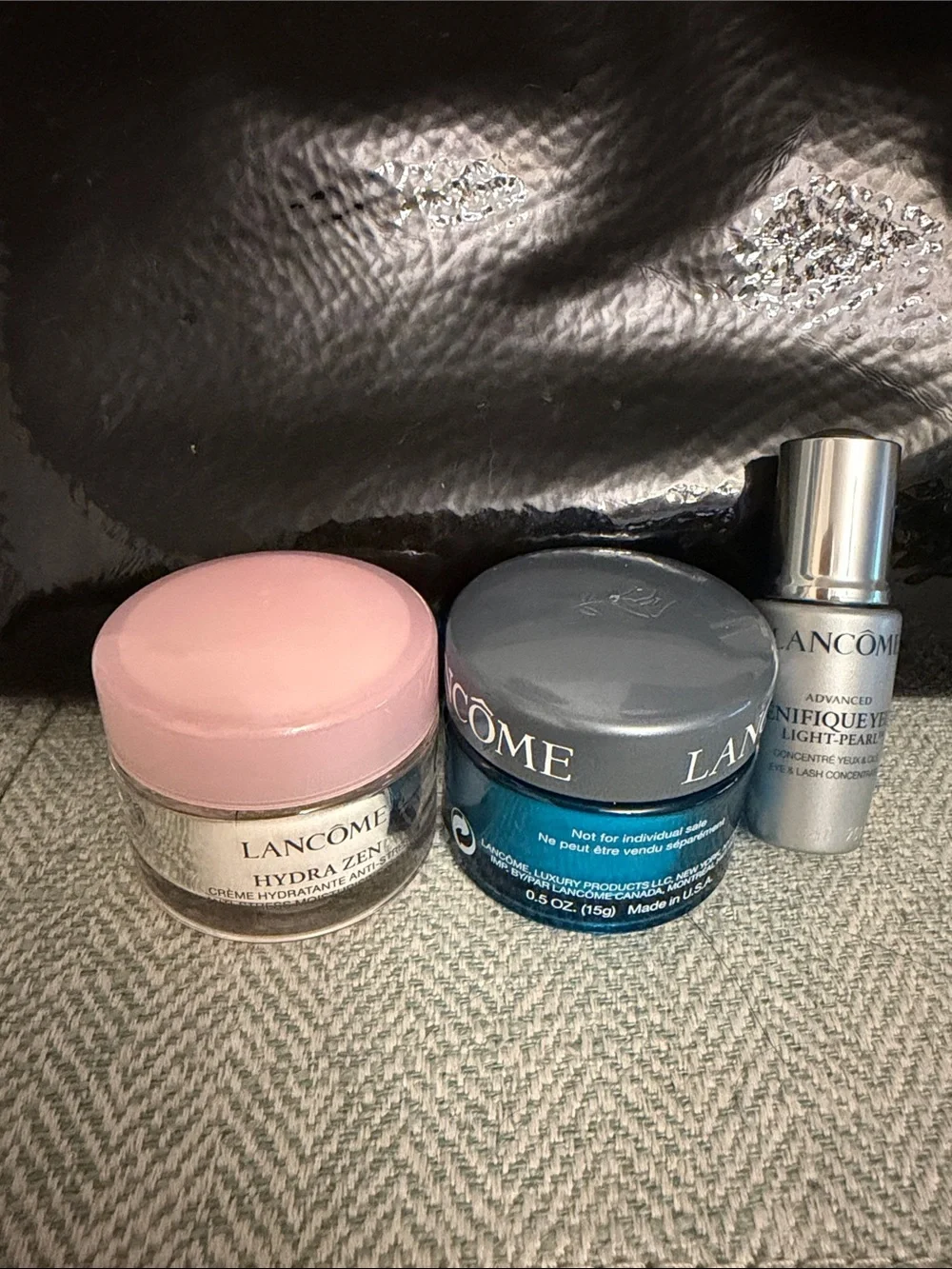 Lancôme Black Patent Cosmetic Bag with Pink and Blue Accents